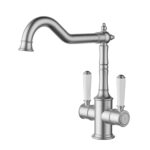 Ikon Clasico Twin Handle Gooseneck Sink Mixer Brushed Nickel Ceramic Handle