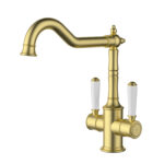 Ikon Clasico Twin Handle Gooseneck Sink Mixer Brushed Gold Ceramic Handle